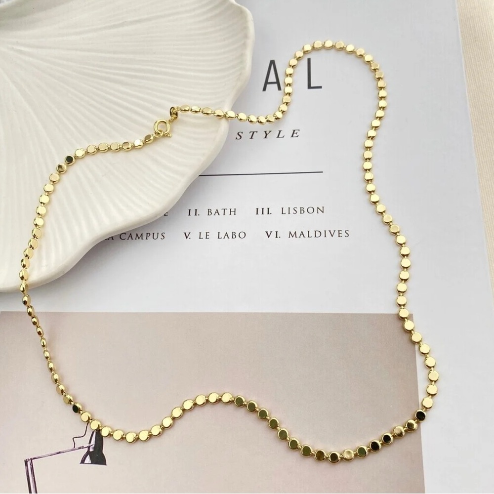 Flat Bead Sequin Chain Layering Choker | Waterproof 14K Gold Plated Necklace - Picture 3 of 13